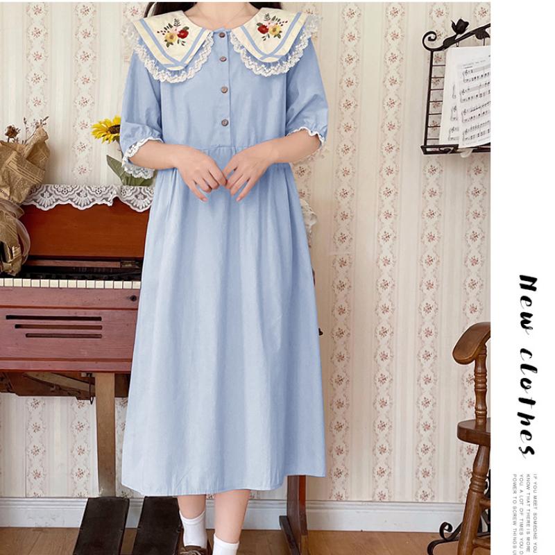 Японское летнее женское милое платье Mori Girl с воротником Питера Пэна, розовое, синее платье с цветочной вышивкой, милые платья Kawaii с кружевными оборками
