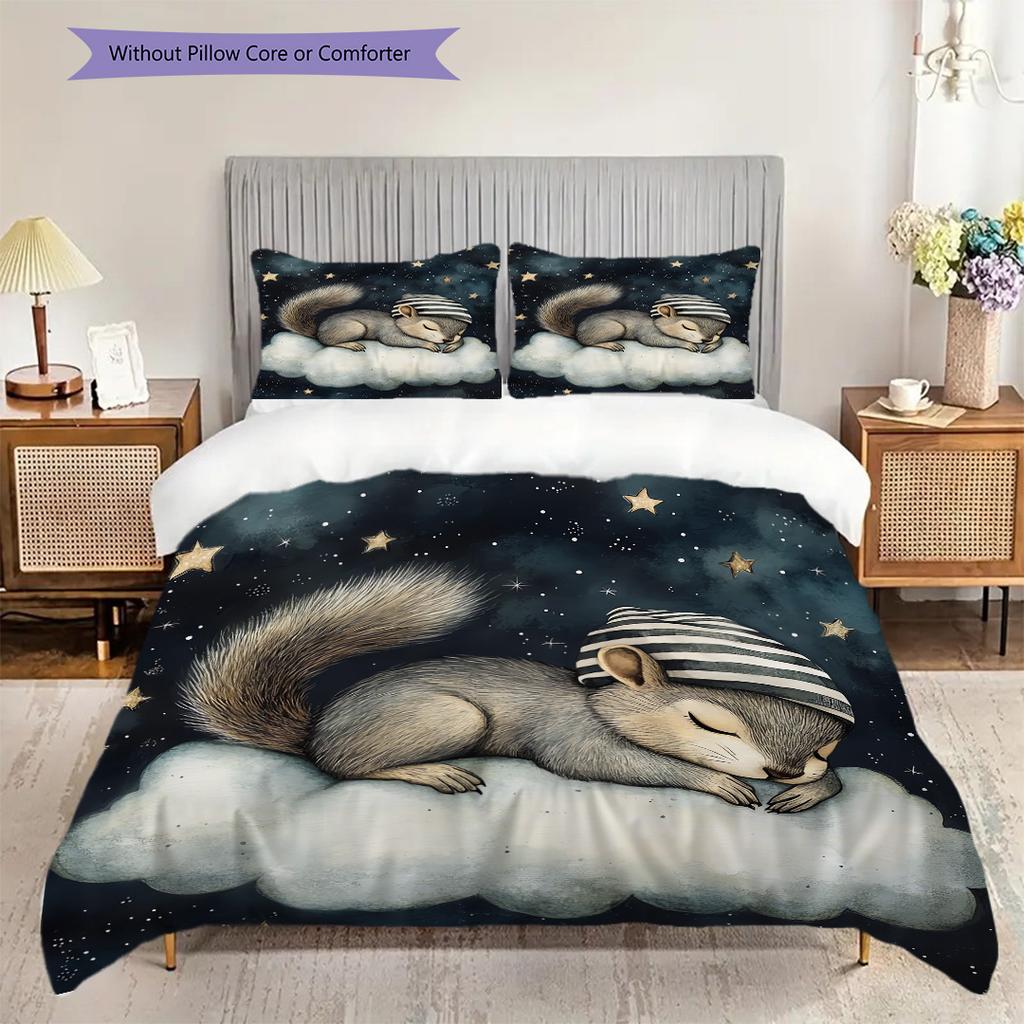 Squirrel Pattern Bedding Quilt Set Quilt Cover Pillowcase Home Decoration Birthday Gift (1 * duvet cover + 2 * pillowcase, without core)