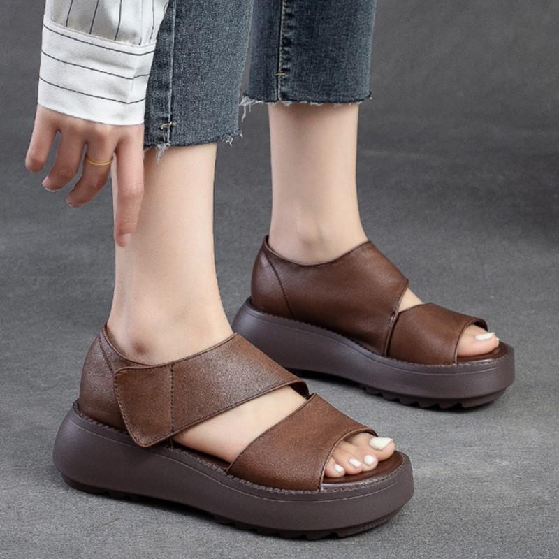 Women Sandals Thick Sole Peep Toe Platform Shoes Genuine Leather Vintage Comfortable Sandals