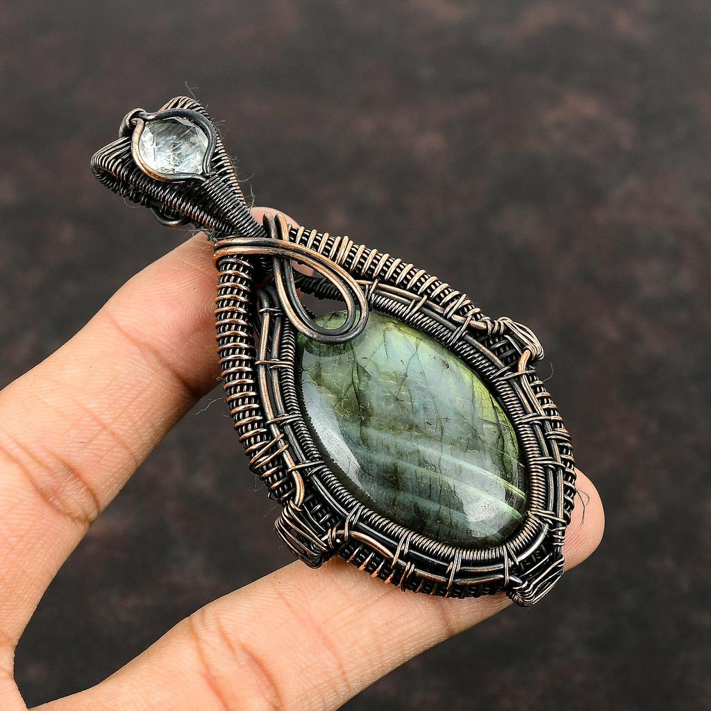 Кулон из лабрадорита, обернутый медной проволокой, Кулон ручной работы, Кулон с белым топазом, Украшение из медной проволоки, Подарок для нее, для мамы