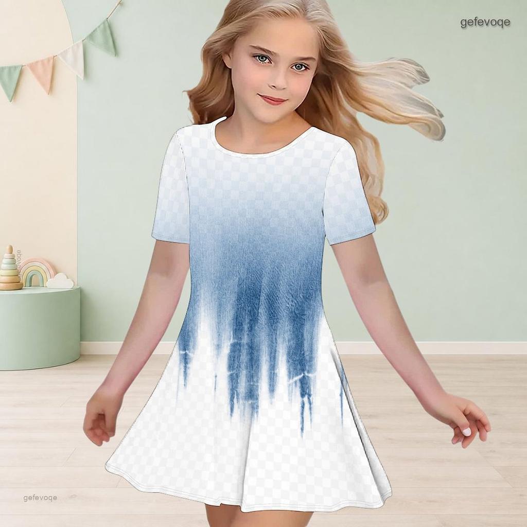 Girls Round Neck Short Sleeve Purple White Printed A Line Flared Dress
