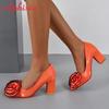 Fashion Aphixta Orange Big Rose Flowers 7cm Square Heels Pumps Women Shoes Students And Adults Pointed Toe Super Big Size 30-50