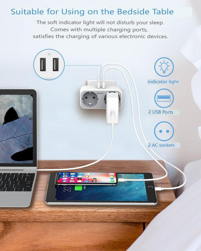 Tessan USB-адаптер европейского стандарта с 2/3 розетками переменного тока и 2 USB-портами для зарядки, настенная розетка USB-зарядное устройство с множеством средств защиты для дома, офиса, кухни