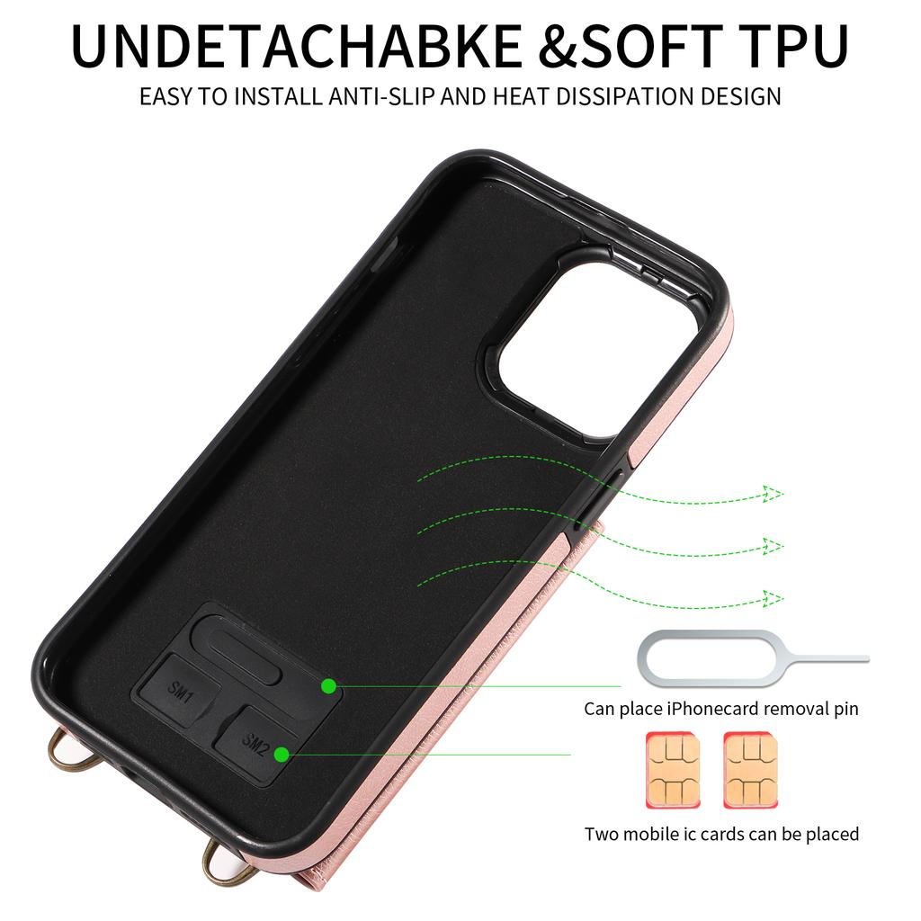 Для iPhone 15 серии. Для iPhone 15, 15 Plus, 15 Pro, 15 Pro Max плечевой ремень веревка кольцо кронштейн дизайн держатель для карт слоты личи узор чехол для телефона