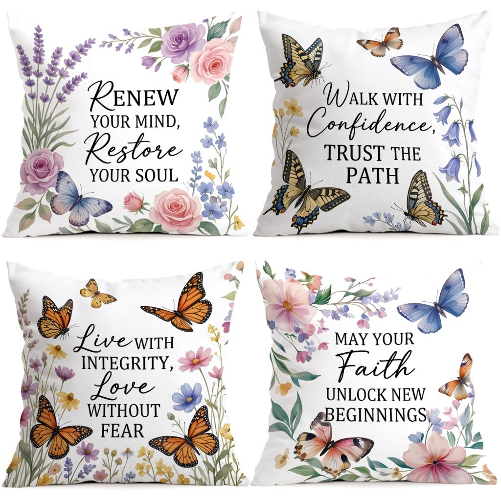 4pcs Butterfly Flower Motto Design Cushions Pillowcase Polyester Cushion Cover Throw Pillow Pillowcover Home Car Sofa Decor