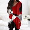 Womens Tops V-neck Long Sleeve Blouses Casual Mid-length Shirts Fashion Print Tunic Tops With Pockets