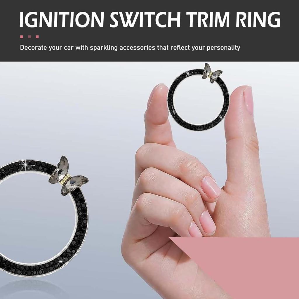 Bling Car Crystal Rhinestone Ring Emblem Sticker, Girly Butterfly Diamond Engine Start Button Cover, Push to Start Button, Key Ignition Starter &