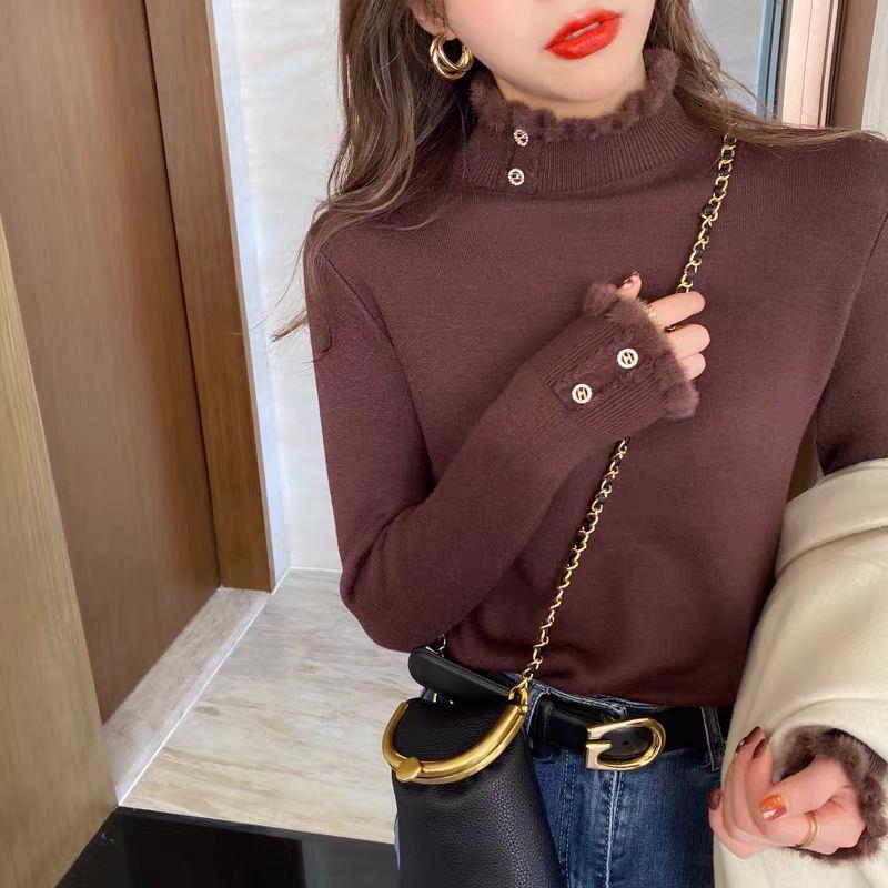Women Fleece Sweater, Thickened One-piece Fleece Inner Layer, Half-turtle Collar Bottoming Shirt, Pullover, Stylish Knitted Warm Top