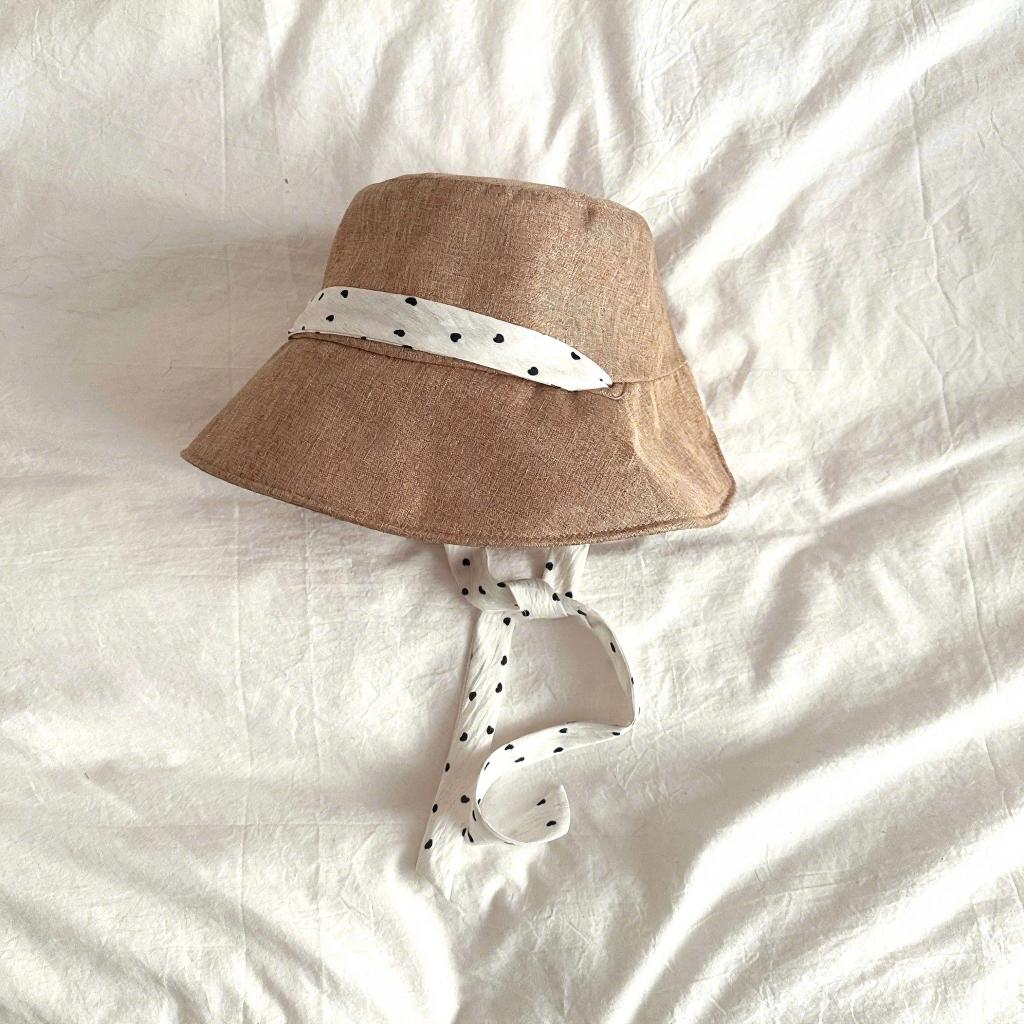 Spring and Summer New Linen Polka Dot Tie Fisherman Hat Outdoor Sunshade Face-Flattering Small Bucket Hat Basin Hat