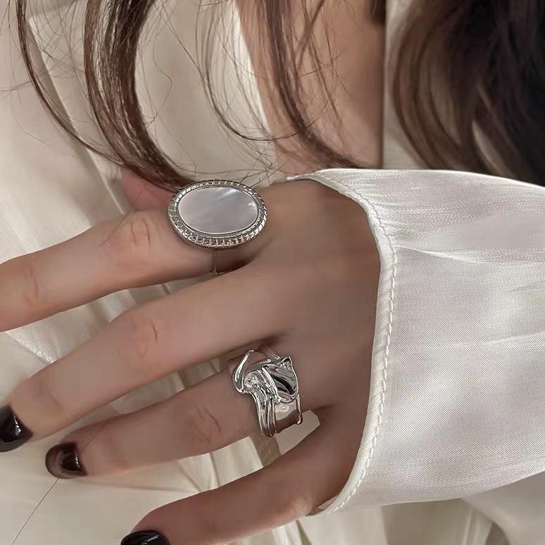 Корейское овальное перламутровое кольцо из серебра с медным покрытием - ретро-геометрическое нерегулярное открытое кольцо для женщин, аксессуар на указательный палец в стиле хип-хоп