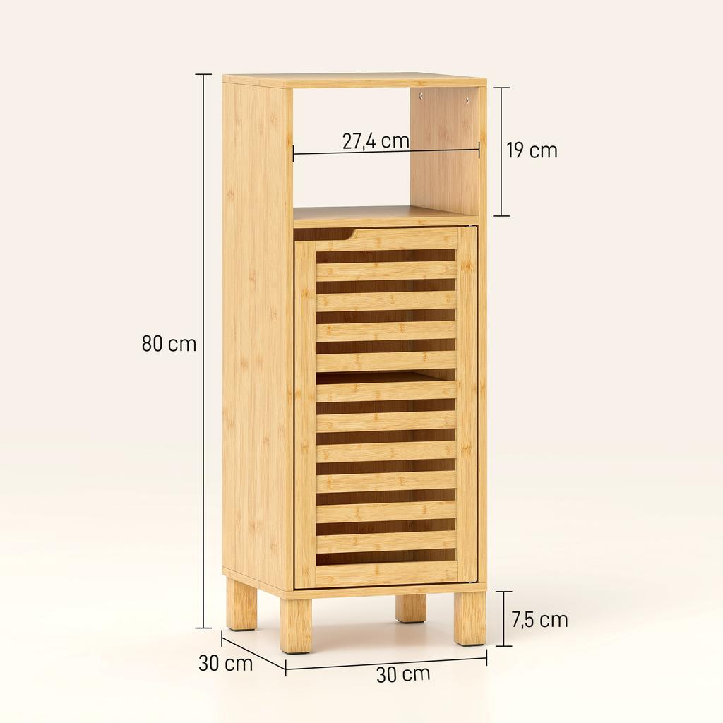 Bathroom cabinet, open shelf, cabinet, bamboo wood, louvered door, light brown