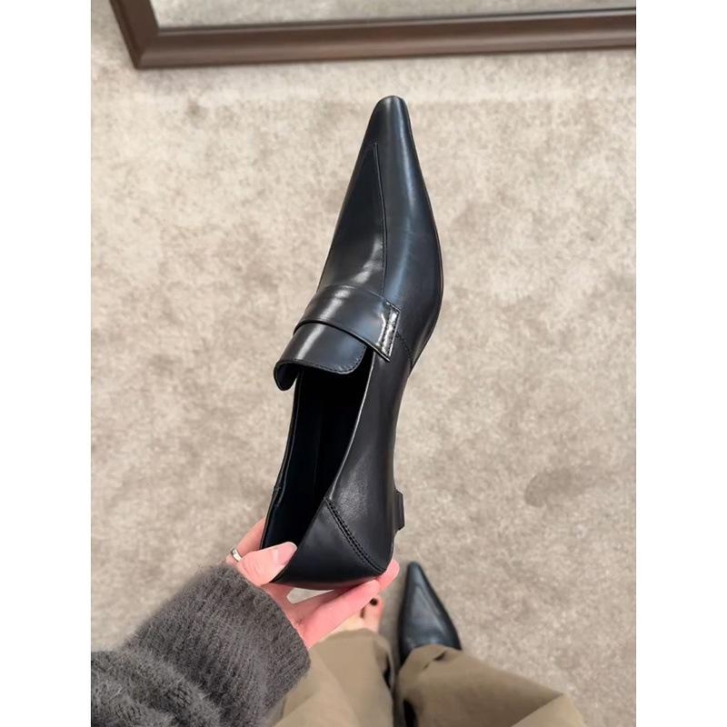 Овчина ретро острый носок темперамент котенок каблук одинарные туфли мелкий вырез профессиональные повседневные маленькие кожаные туфли женские французские толстый каблук лоферы