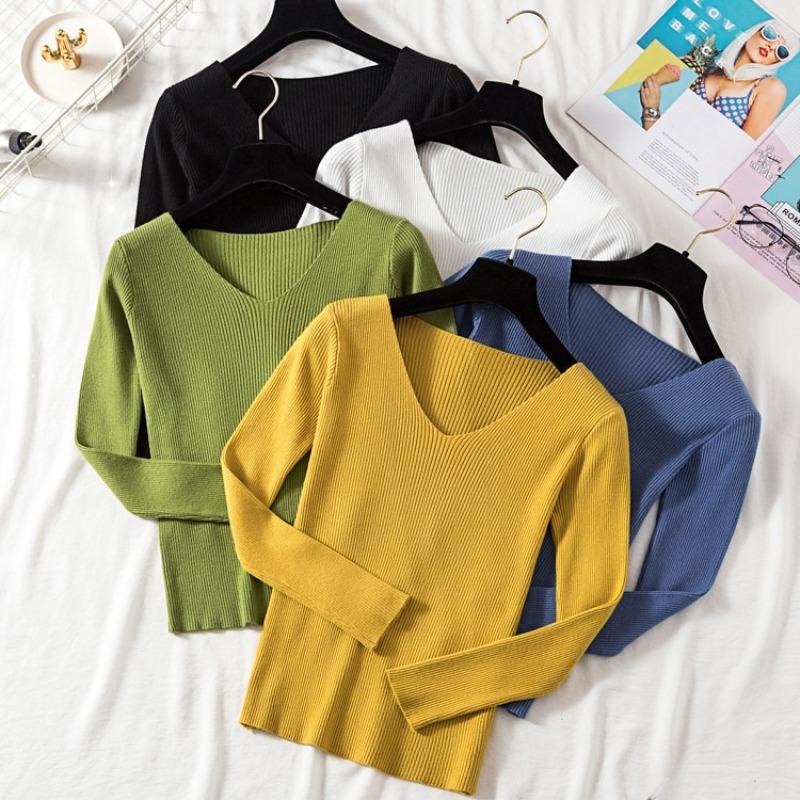 Autumn and Winter V-neck Long Sleeve Knitted Sweater Women Fashion Slim Fit Warm Base Sweaters Women Elegant Solid Casual Lady Knitwear Jumpers 25488