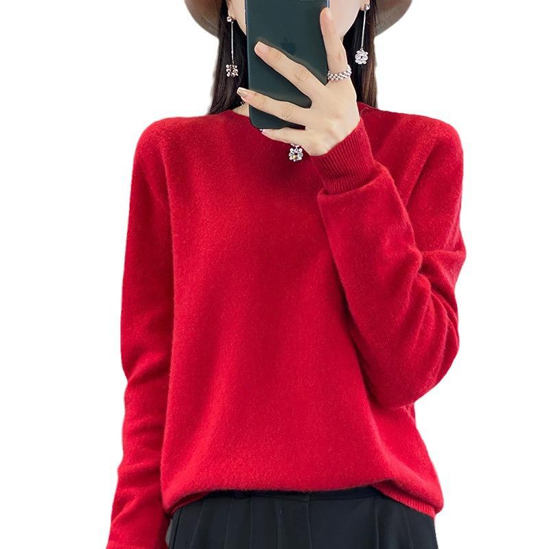 Women's 100% Pure Wool Versatile Round Neck Loose Sweater - Solid Color Knitwear