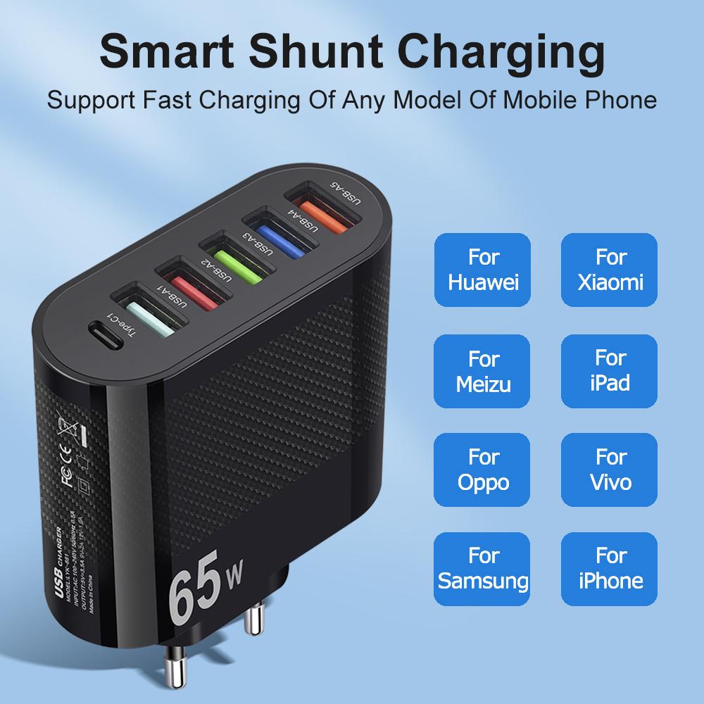 6 Ports 65W Fast Charger USB Type C Charger PD Charging Adapter for iPhone Samsung Xiaomi EU/US/UK Plug Cell Phone Quick Charger