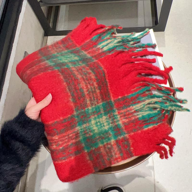 Женский зимний клетчатый шарф в корейском стиле - элегантная шаль с кисточками, толстая и теплая для студентов