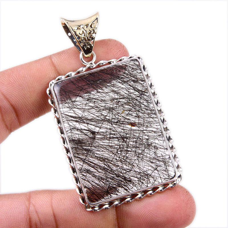 Natural Black Rutile Gemstone 925 Solid Sterling Silver Gift Pendant 2.75" L9c53