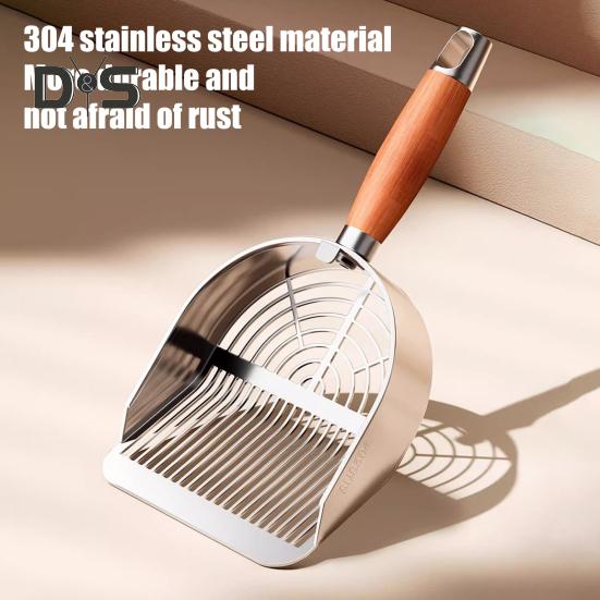 Металлический совок для кошачьего туалета с держателем, совок для сбора домашних животных с эргономичной деревянной ручкой, лопата для быстрого просеивания, товары для кошек