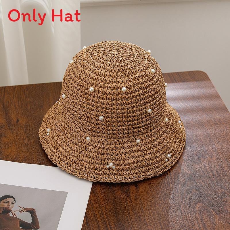 Summer Straw Hat For Women With Pearl Decor And Wide Brim Sunshade For Outdoor Sun Protection