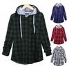 Lady Coat Hooded Plaid Print Drawstring Single-breasted Chest Pocket Shirt Cardigan Long Sleeves