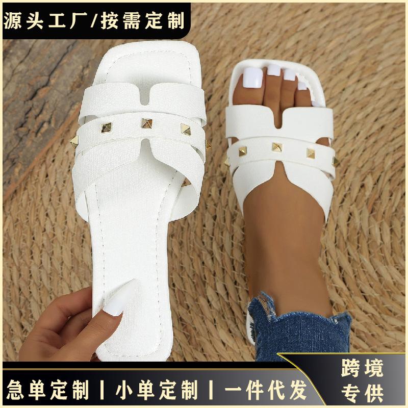 Женские однотонные тапочки сандалии повседневные квадратные туфли с открытым носком на плоской подошве летние легкие