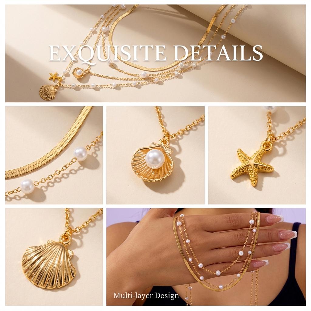 4Pcs Starfish Shell Imitation Pearl Necklaces Set for Women Simple Chain Multi-layer Necklaces Trendy Summer Beach Jewelry Gift