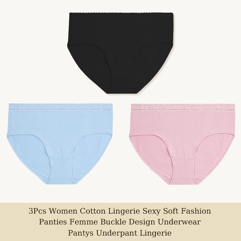 3 шт. Женское хлопковое нижнее белье Сексуальные мягкие модные трусики Femme Дизайн с пряжкой Трусы Нижнее белье Кружевное интимное белье S-XL