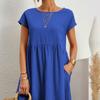Women Dress Round Neck A-line Pleated Short Sleeve Pure Color Knee Length Loose Hem Side