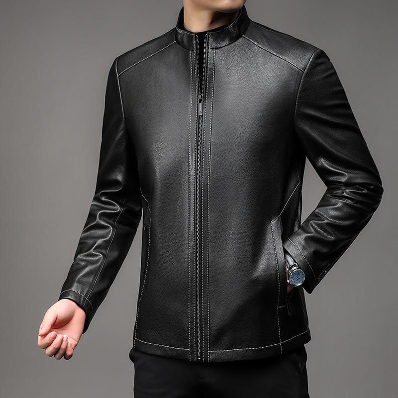 Кожаная куртка мужская из овчины, деловая, повседневная, воротник-стойка, на молнии, для папы среднего возраста, осенняя кожаная куртка