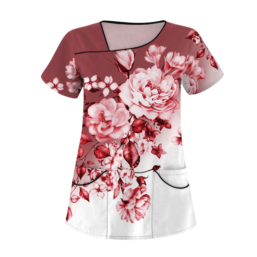 Женская повседневная рабочая одежда с цветочным принтом и коротким рукавом с наклонным воротником и двойными карманами