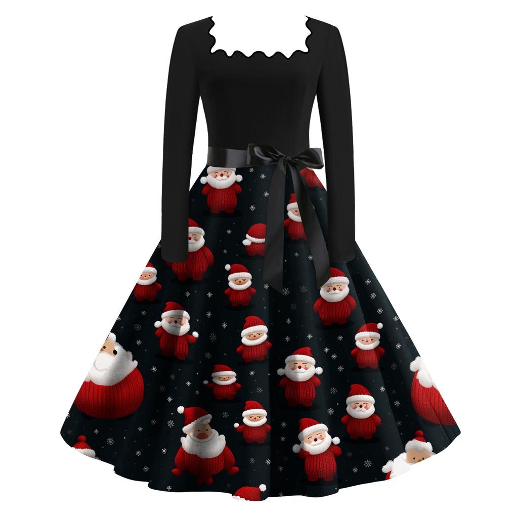 Женские повседневные модные платья с длинными рукавами и рождественским принтом с квадратным вырезом в винтажном стиле