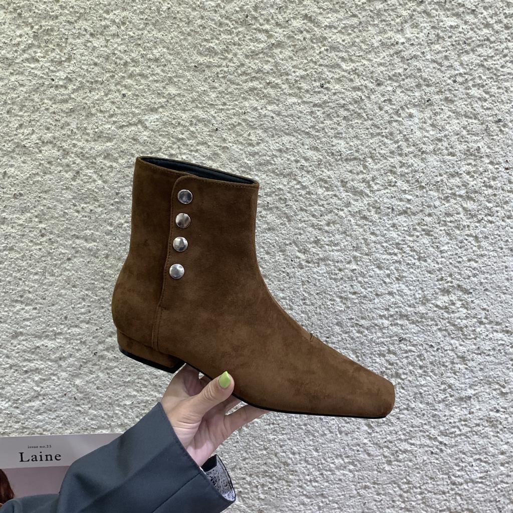 French square head thin boots women's 2025 super fire small short boots Maillard brown low heel knight boots black short boots