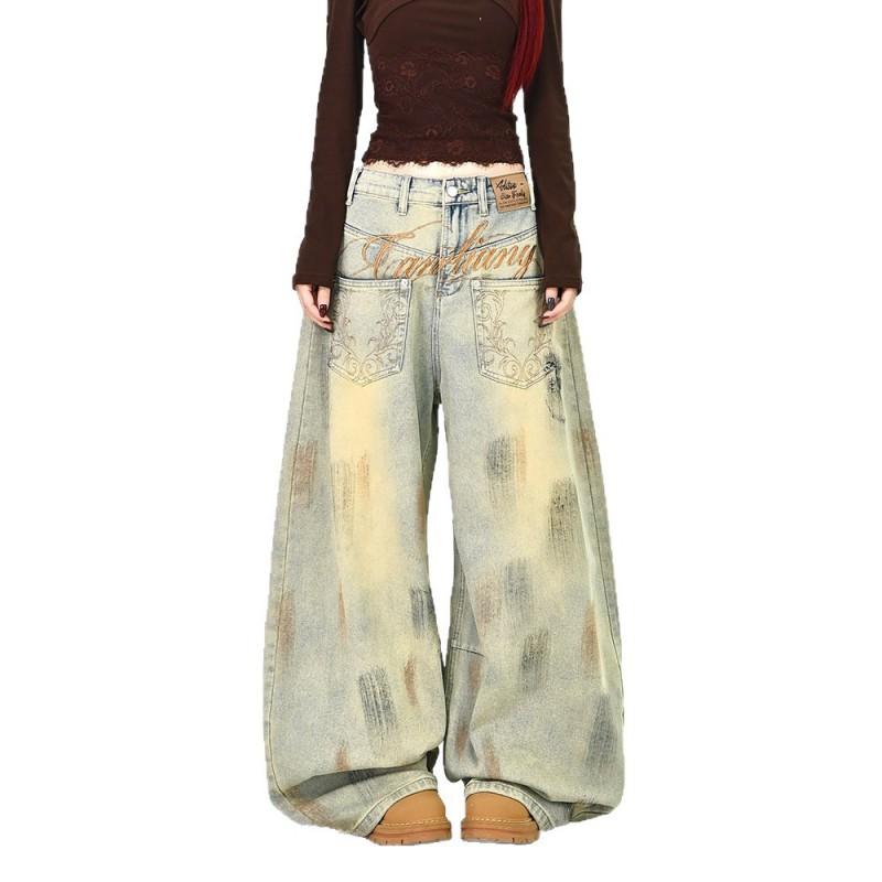 Distressed Wide Leg Denim Jeans Women 2026 Loose Fit Retro Streetwear Cargo Style