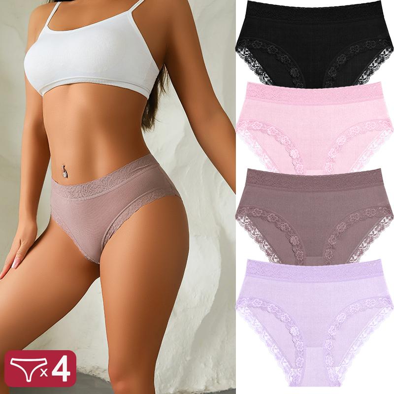 4Pcs Lace Plus Size Underwears Women's Sexy Panties High Quality Striped Briefs Girls Solid Sports Comfortable Lingerie