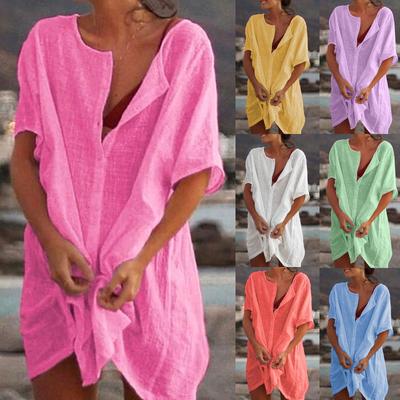 Женская мода средней длины свободная однотонная рубашка с коротким рукавом повседневные топы