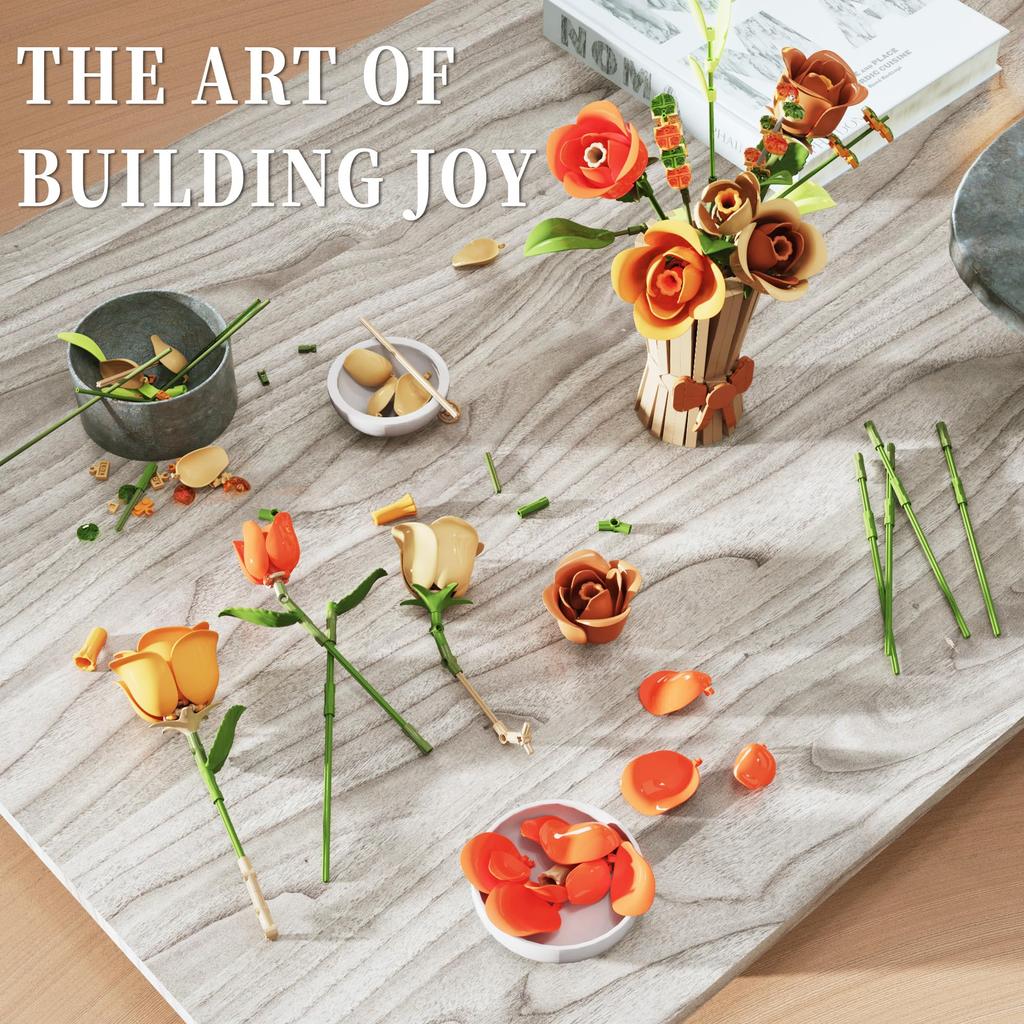 Non-Toxic 868Pcs Rose Bouquet Building Blocks Eternal Flower Vase Model Bricks Home Decoration Ornaments Children Romantic Gift Kids Diy Toys