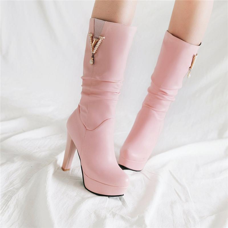 Элегантные розовые белые полусапожки женские осенне-зимние длинные сапоги на платформе женские туфли без застежек роскошные туфли на высоком каблуке с кристаллами для вечеринок
