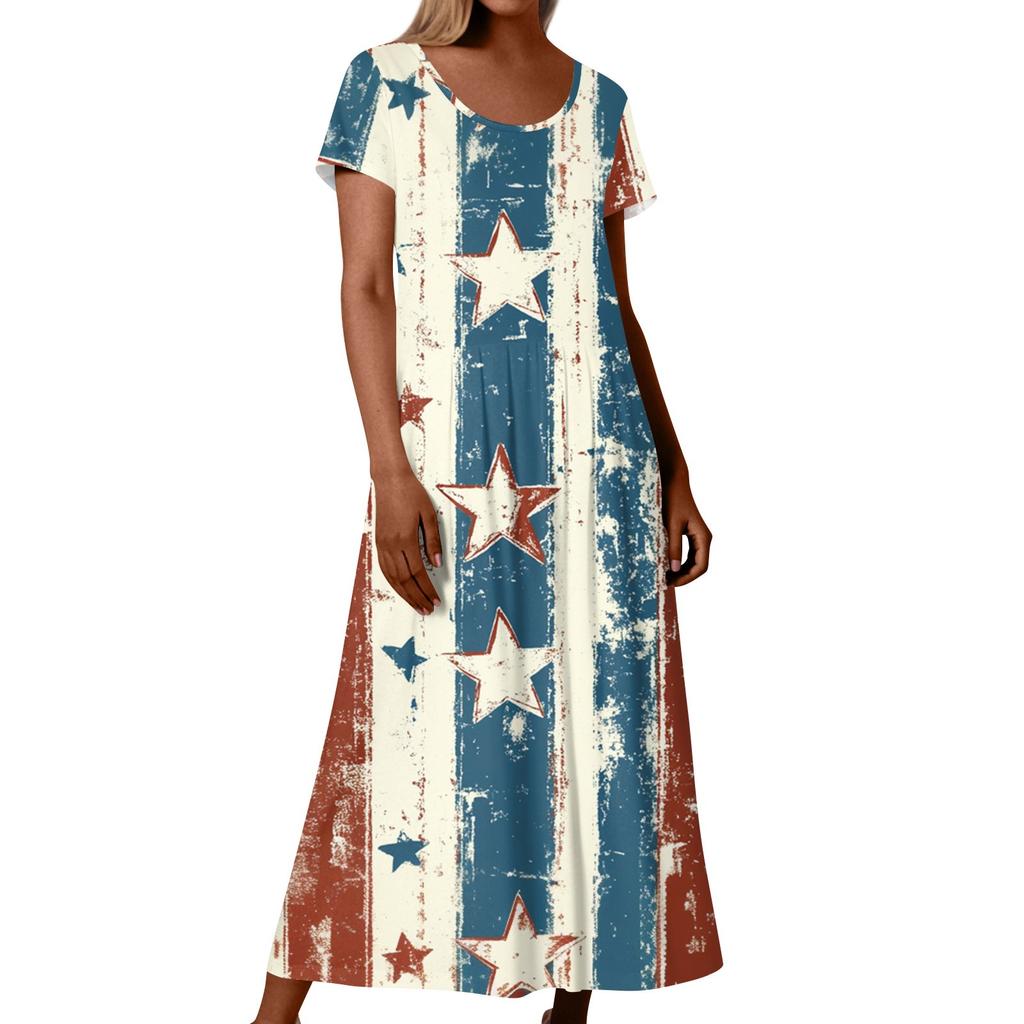 Женское летнее повседневное модное платье с коротким рукавом и карманом на День независимости с коротким рукавом