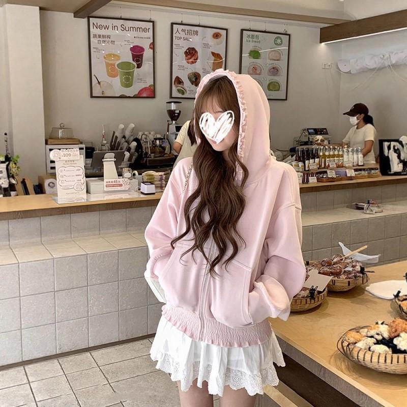 Pink Zip Up Hooded Sweatshirt Loose Ruffled Long Sleeve Cardigan Women