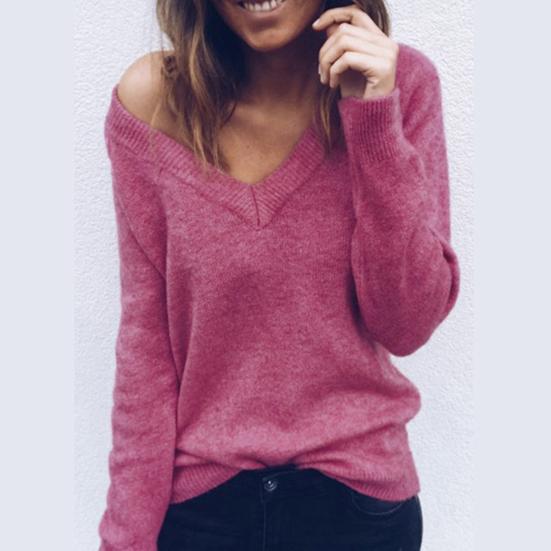 Knitted Sexy Sweater Winter Chic Lady Solid Color V Neck Blouse Long Sleeve Casual Pullover
