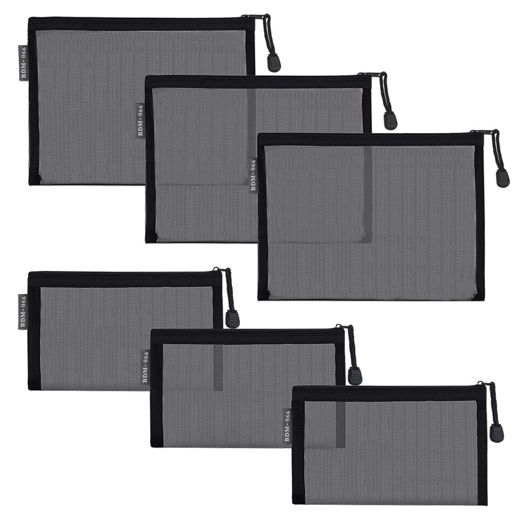 Besharppin Mesh Cosmetic Pack of 6 Makeup Pouch for Cosmetics Storage and Small Items for Business Trips and Travel Pouch, (Black)