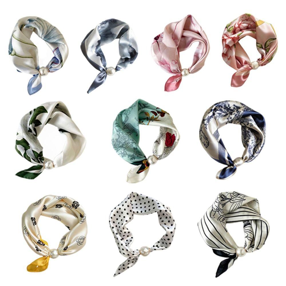 Breathable Silk Scarf Lightweight Printed Neck Scarf Elegant Pearl Buckle Scarf Women