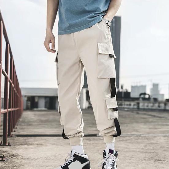 Мужские брюки-карго, свободные, с завязками на щиколотке, эластичный пояс, однотонные, с несколькими карманами, декор на ремне, для фитнеса, уличной одежды, для активного отдыха, путешествий, спорта, брюки