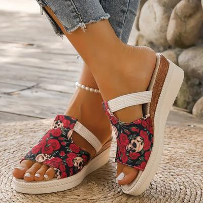 Женские сандалии с принтом черепа, цветные плетеные шлепанцы на платформе для отдыха на море, пляжные шлепанцы на танкетке для Хэллоуина