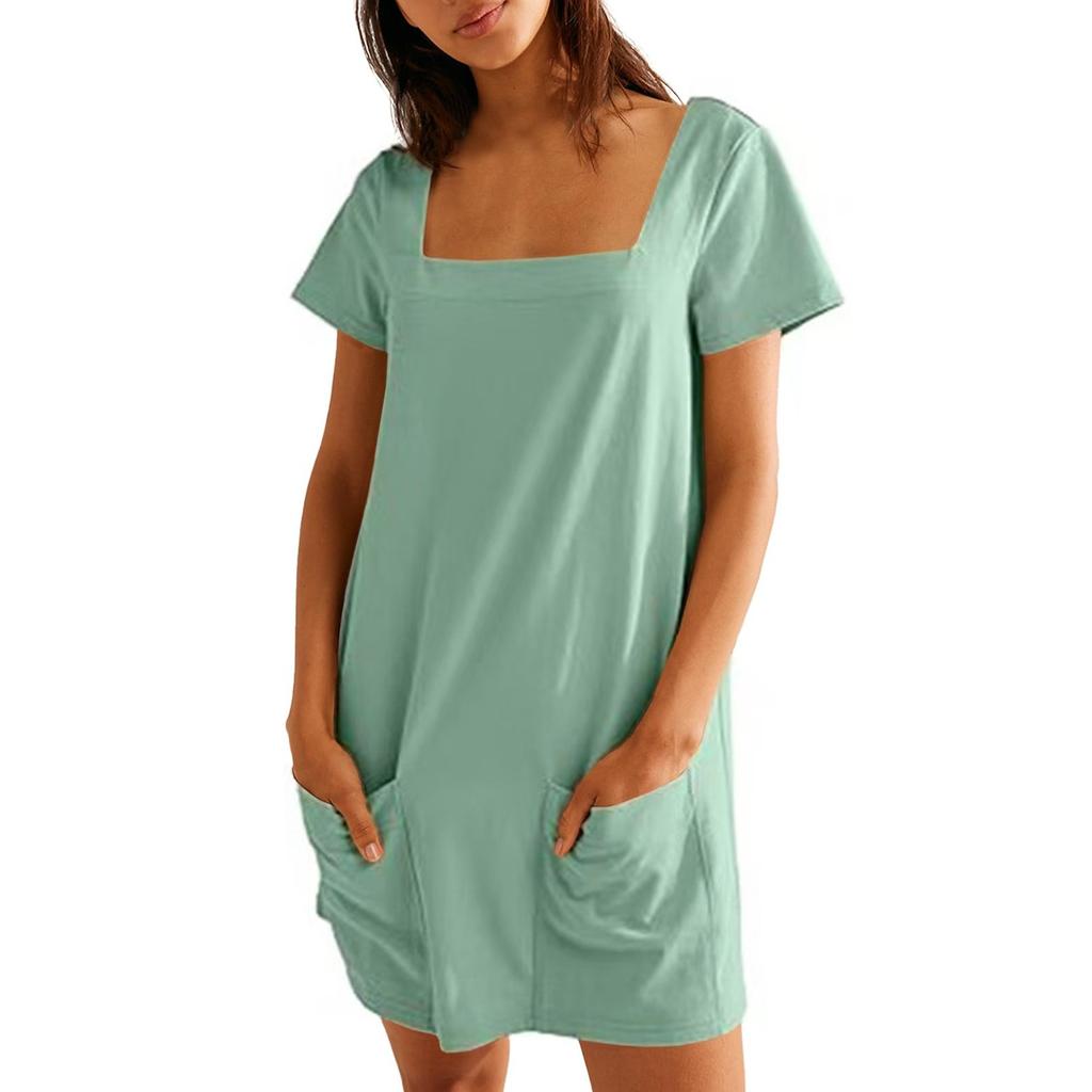 Женское однотонное повседневное платье с квадратным воротником и короткими рукавами, юбкой и карманом
