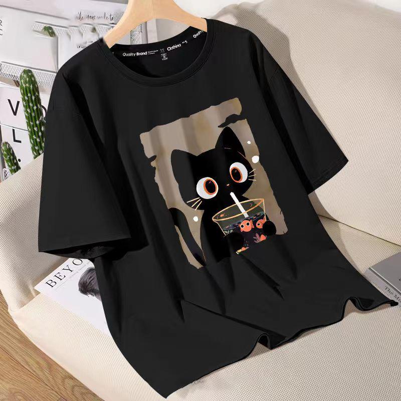 Летний топ с круглым вырезом и принтом, модные повседневные футболки с короткими рукавами и милым рисунком кошки из чистого хлопка для женщин