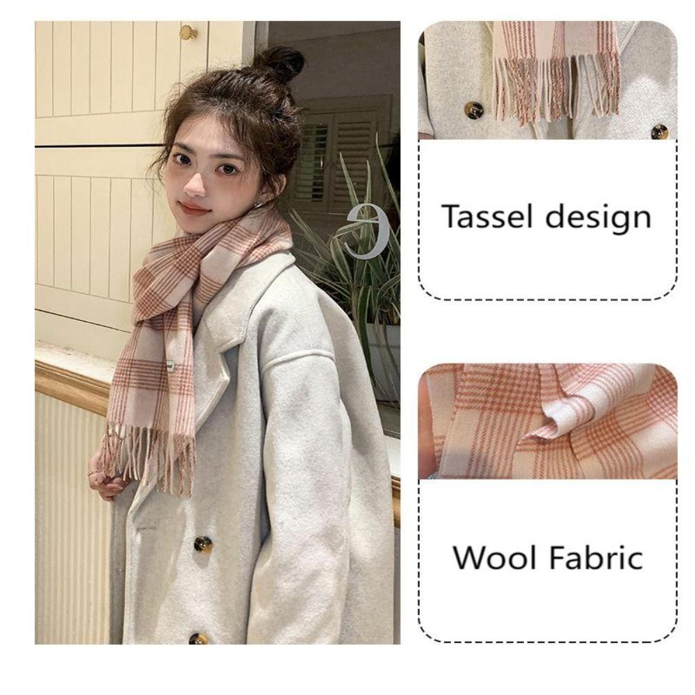 Long Plaid Scarf Tassel Wool Neckerchief Sweet Cashmere Scarf  Winter