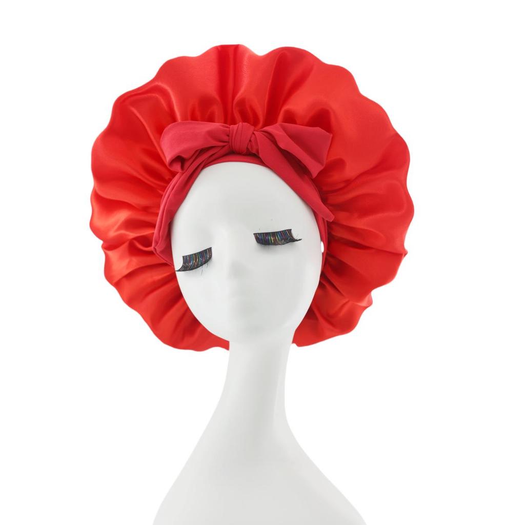 Silk Satin Sleep Cap with Ribbon Bow for Women - Elastic Wide Brim Bath Headscarf Hat for Hair Care