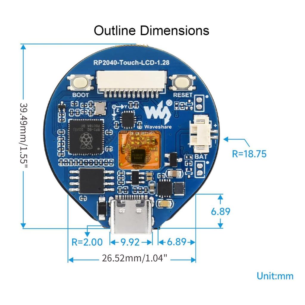Макетная плата RP2040 с сенсорным экраном 1,28 дюйма. Мощная плата MCU. Двухъядерный процессор Arm Cortex M0+.