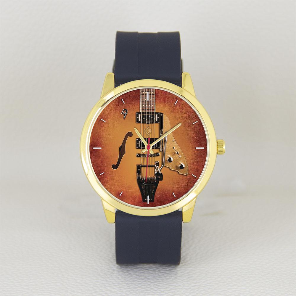 Silicone Stainless Strap Violin Bass Musician's Gift Yellow Golden Instrument Design Dia 45mm Men's Quartz Watches